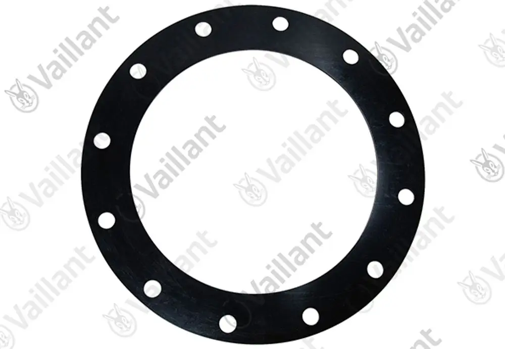 Schwarze Dichtung mit runder Form und mehreren Montagebohrungen. Hersteller: Vaillant.